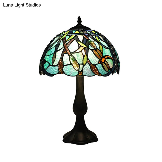 Rustic Tiffany Stained Glass Desk Light With Peacock Tail/Dragonfly Design - Green