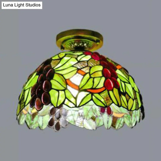 Rustic Tiffany Stained Glass Dome Flush Light - Sunflower/Rose/Pearl/Grape/Dragonfly Pattern Antique