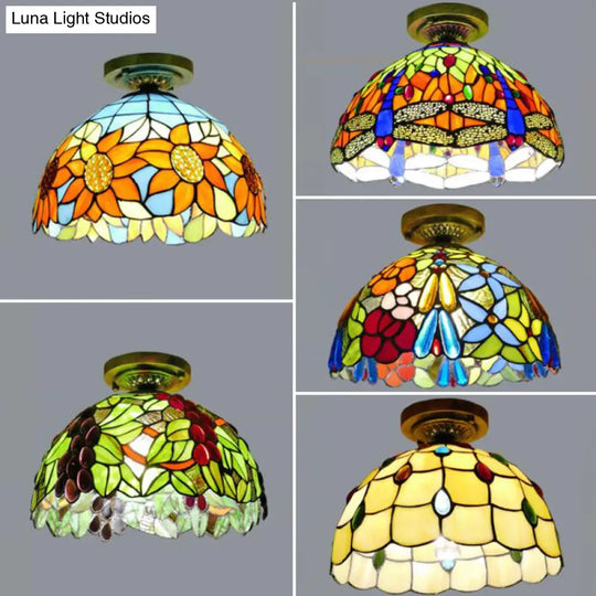 Rustic Tiffany Stained Glass Dome Flush Light - Sunflower/Rose/Pearl/Grape/Dragonfly Pattern Antique