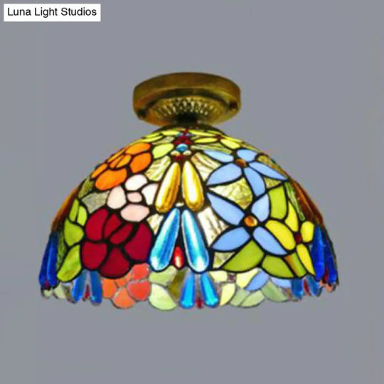 Rustic Tiffany Stained Glass Dome Flush Light - Sunflower/Rose/Pearl/Grape/Dragonfly Pattern Antique