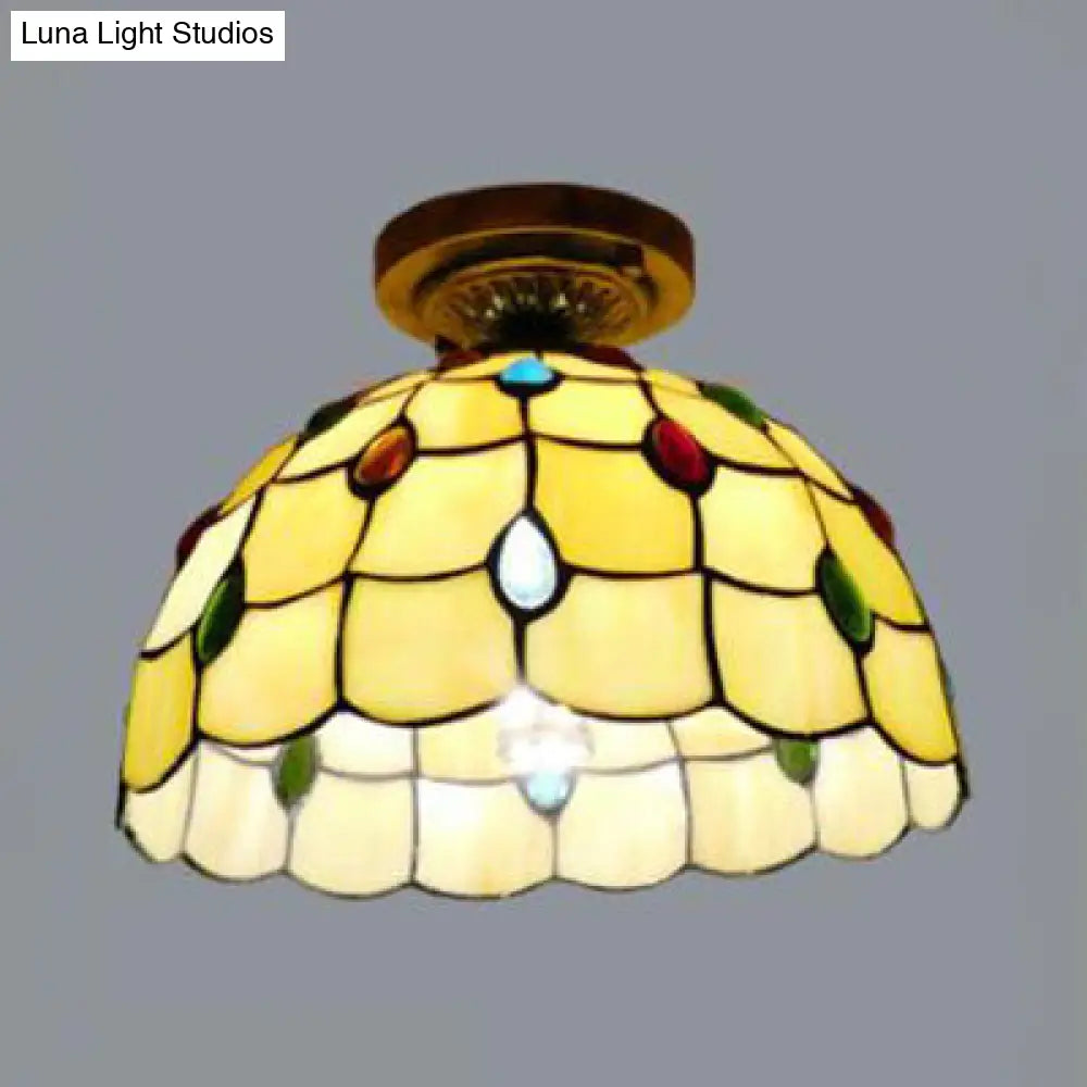 Rustic Tiffany Stained Glass Dome Flush Light - Sunflower/Rose/Pearl/Grape/Dragonfly Pattern Antique