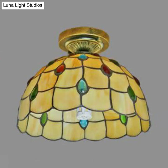 Rustic Tiffany Stained Glass Dome Flush Light - Sunflower/Rose/Pearl/Grape/Dragonfly Pattern Antique