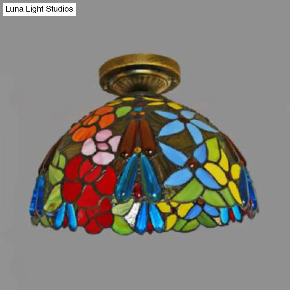 Rustic Tiffany Stained Glass Flush Light With Nature-Inspired Pattern And Antique Brass Finish