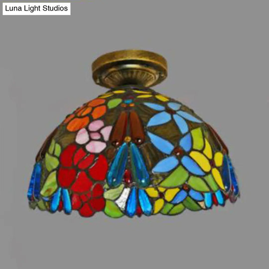 Rustic Tiffany Stained Glass Flush Light With Nature-Inspired Pattern And Antique Brass Finish