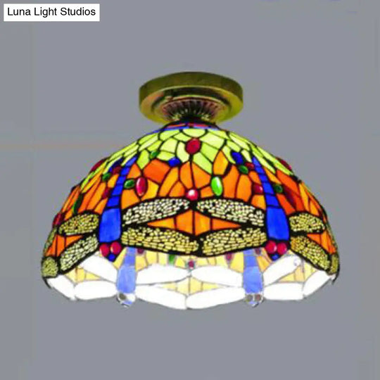 Rustic Tiffany Stained Glass Dome Flush Light - Sunflower/Rose/Pearl/Grape/Dragonfly Pattern Antique