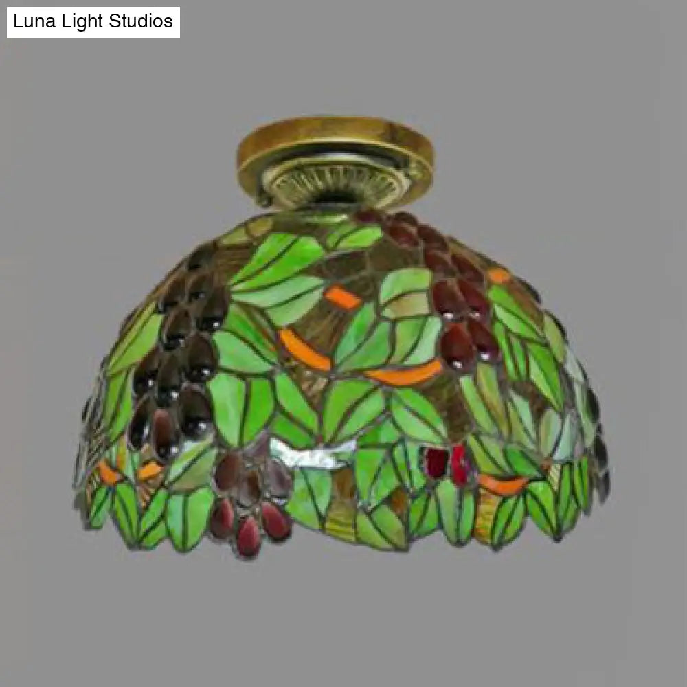 Rustic Tiffany Stained Glass Flush Light With Nature-Inspired Pattern And Antique Brass Finish