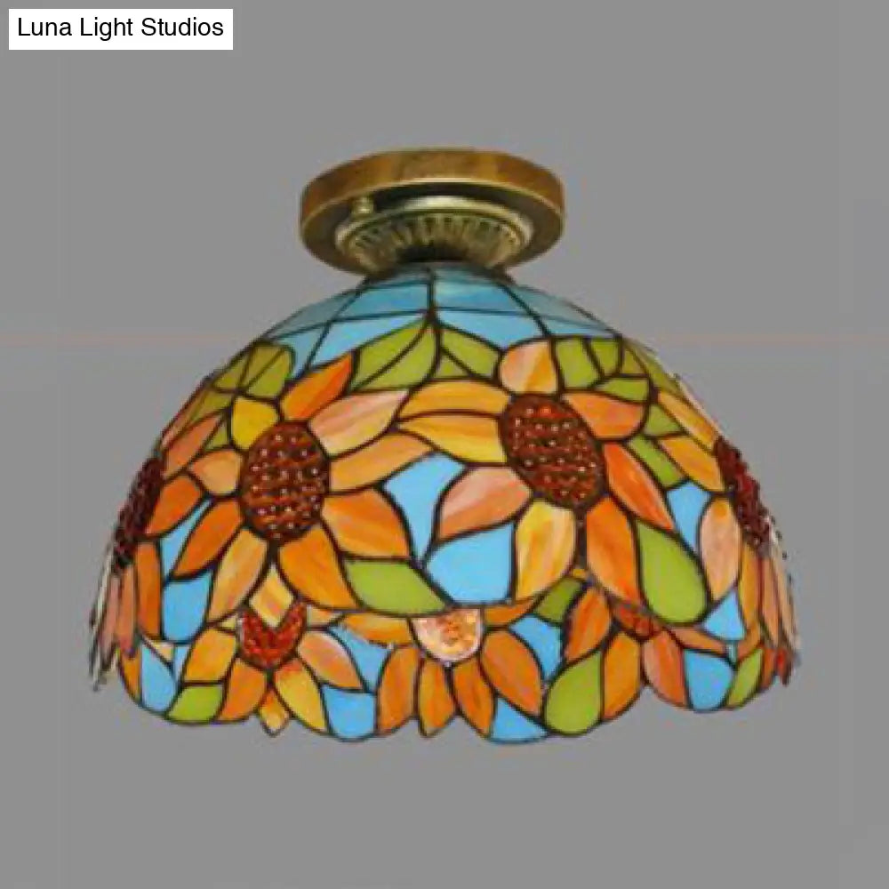 Rustic Tiffany Stained Glass Flush Light With Nature-Inspired Pattern And Antique Brass Finish