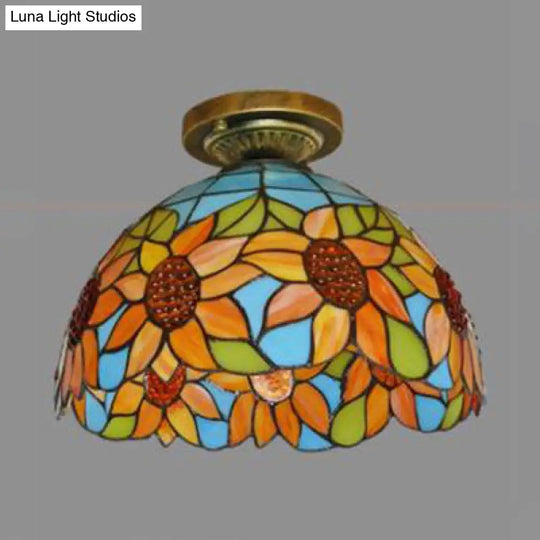 Rustic Tiffany Stained Glass Flush Light With Nature-Inspired Pattern And Antique Brass Finish