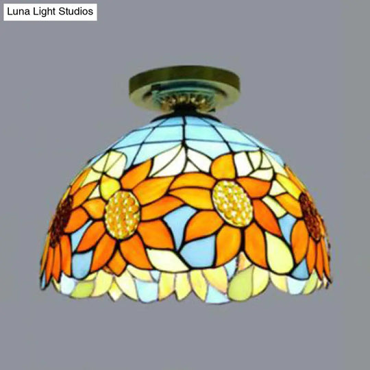 Rustic Tiffany Stained Glass Flush Light With Nature-Inspired Pattern And Antique Brass Finish