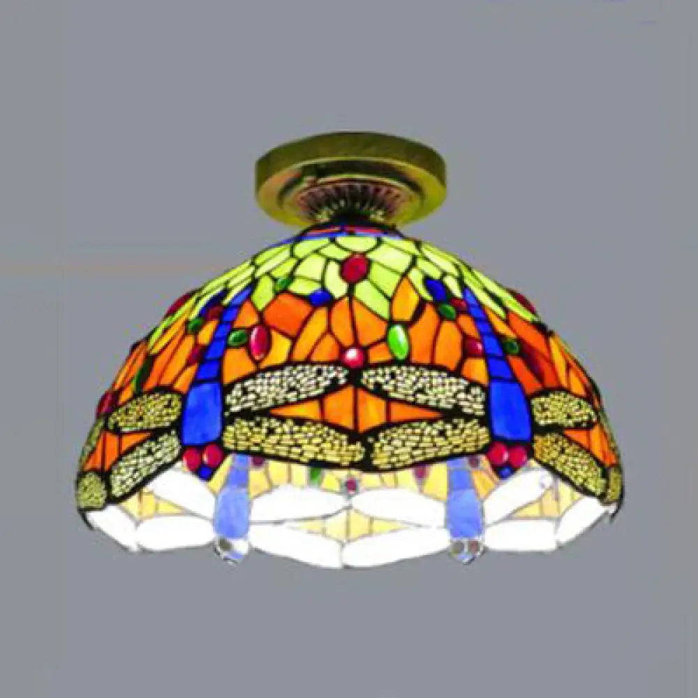 Rustic Tiffany Stained Glass Flush Light With Nature-Inspired Pattern And Antique Brass Finish /