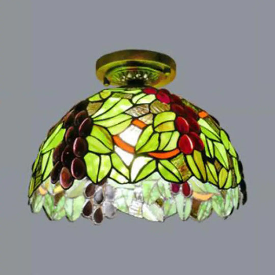 Rustic Tiffany Stained Glass Flush Light With Nature-Inspired Pattern And Antique Brass Finish /