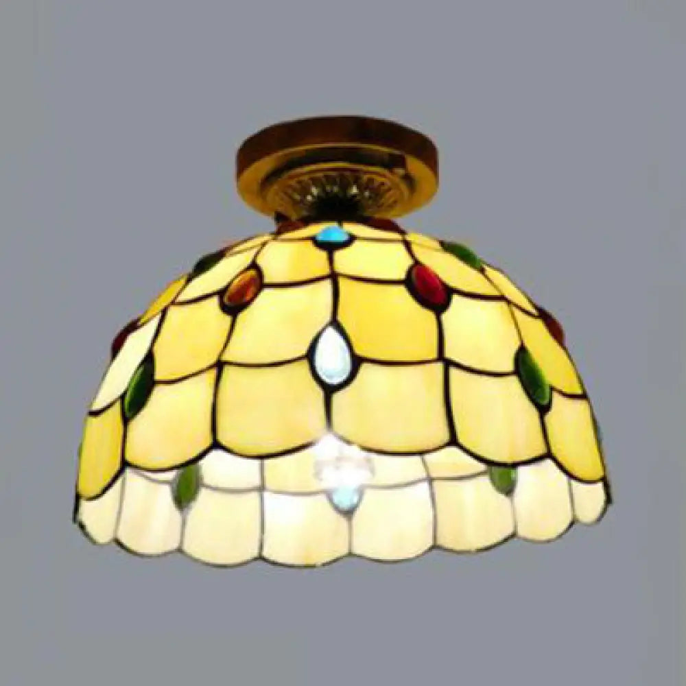 Rustic Tiffany Stained Glass Flush Light With Nature-Inspired Pattern And Antique Brass Finish /