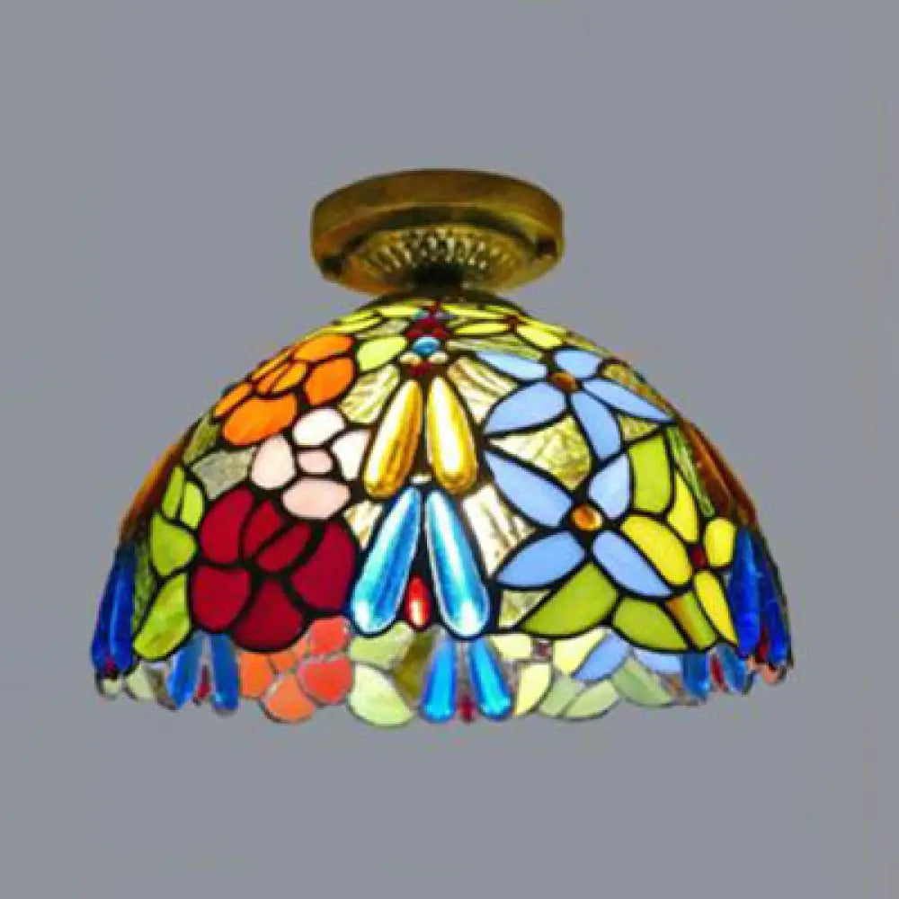 Rustic Tiffany Stained Glass Flush Light With Nature-Inspired Pattern And Antique Brass Finish /