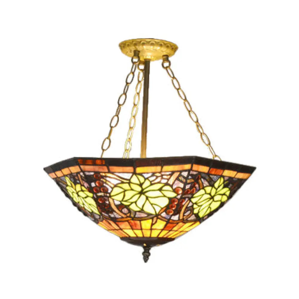 Rustic Tiffany Stained Glass Semi Flush Mount With 3 Lights In Brass: Leaf Triangle Rhombus Grape