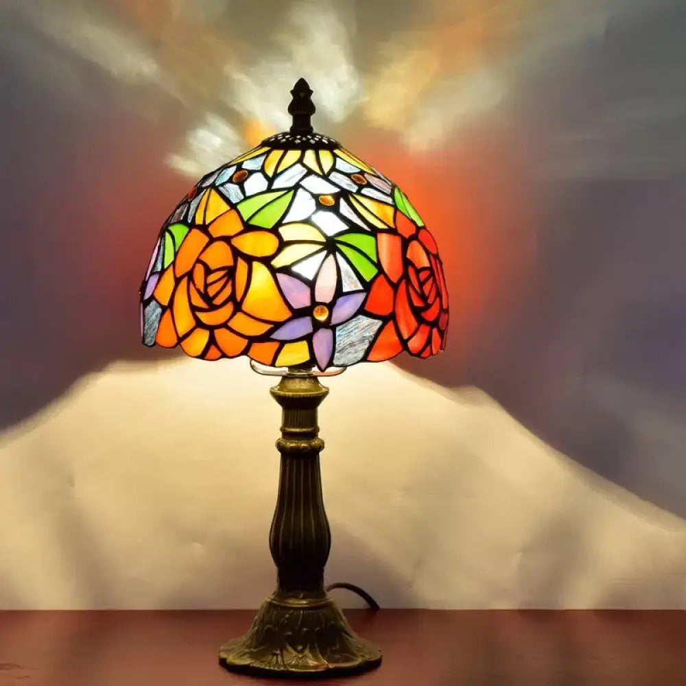 Rustic Tiffany Stained Glass Table Lamp With Multi Color Flowers - Bronze/Brass Finish Bronze