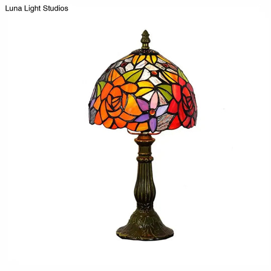 Rustic Tiffany Stained Glass Table Lamp With Multi Color Flowers - Bronze/Brass Finish