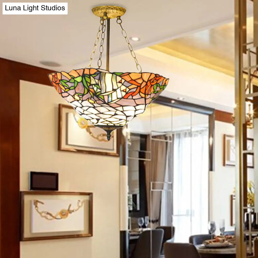 Rustic Tiffany Style Chandelier With Stained Glass Pendant Light – White & Orange | Perfect For