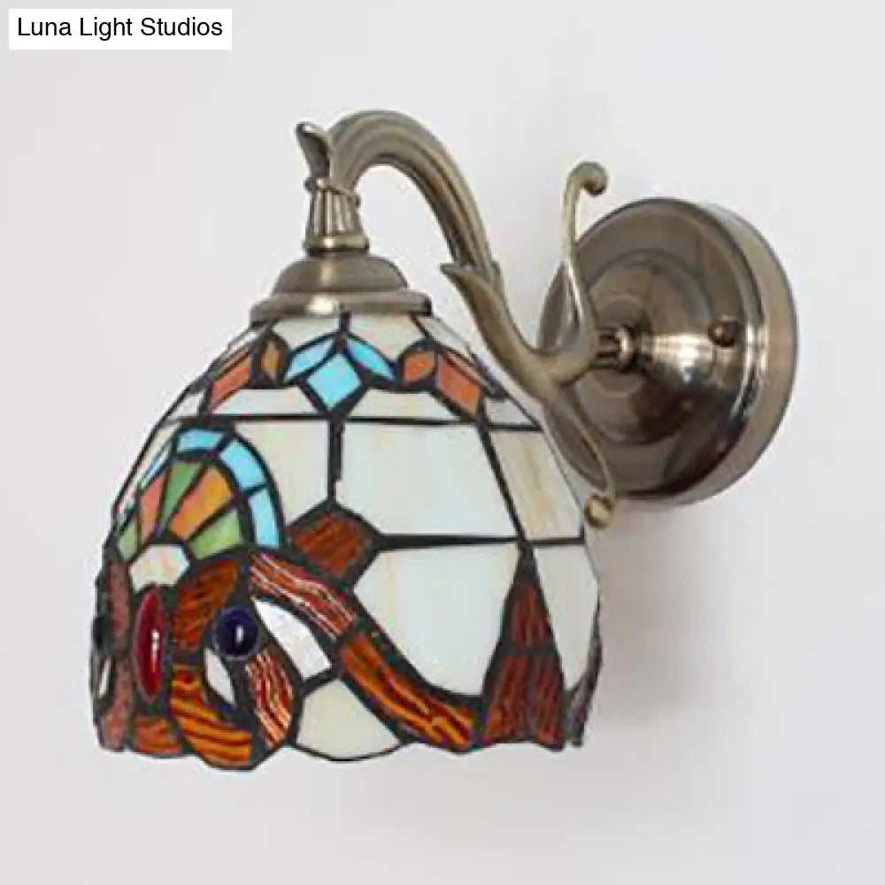 Rustic Tiffany Style Stained Glass Wall Sconce - 1 Light Brown/Blue/Beige/Blue-White For Bedroom