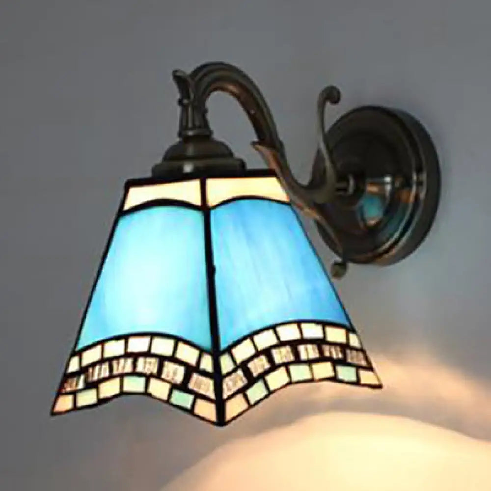 Rustic Tiffany Style Stained Glass Wall Sconce - 1 Light Brown/Blue/Beige/Blue-White For Bedroom