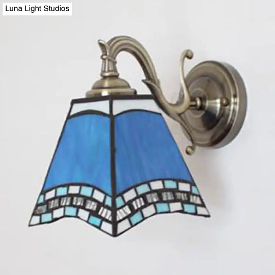 Rustic Tiffany Style Stained Glass Wall Sconce - 1 Light Brown/Blue/Beige/Blue-White For Bedroom