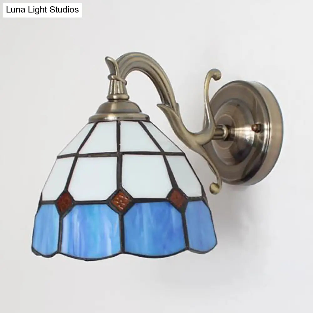 Rustic Tiffany Style Stained Glass Wall Sconce - 1 Light Brown/Blue/Beige/Blue-White For Bedroom