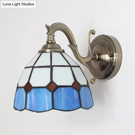 Rustic Tiffany Style Stained Glass Wall Sconce - 1 Light Brown/Blue/Beige/Blue-White For Bedroom