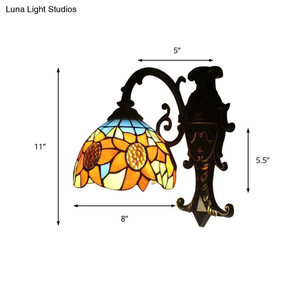 Rustic Tiffany Sunflower Sconce Lamp - Stained Glass Wall Light In Orange For Bedroom