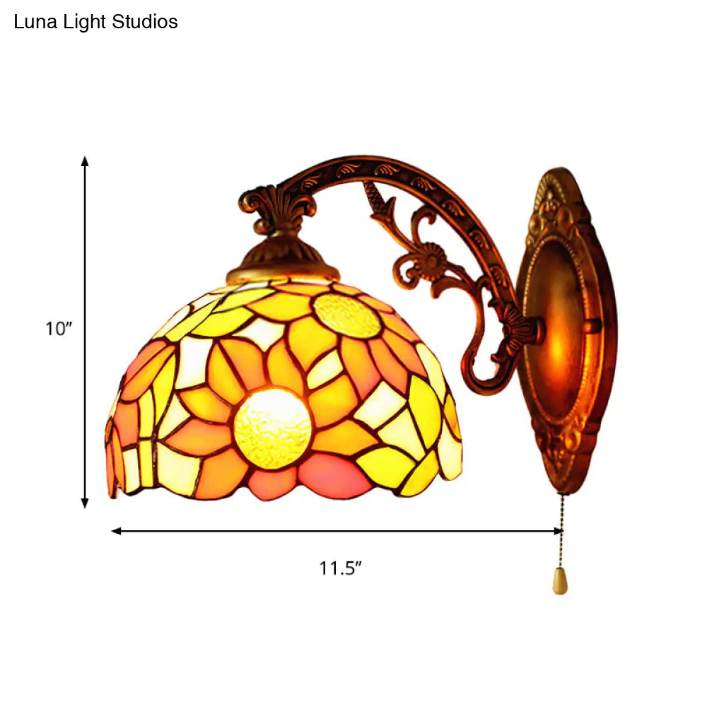 Rustic Tiffany Sunflower Wall Light - Engraved Arm Stained Glass Sconce For Living Room