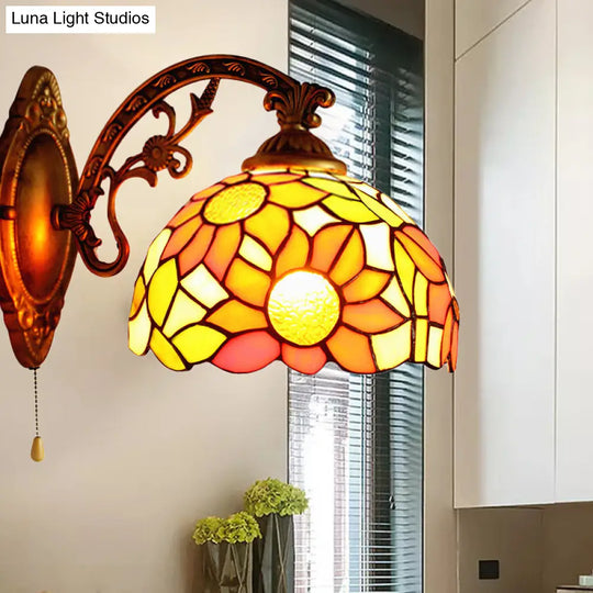 Rustic Tiffany Sunflower Wall Light - Engraved Arm Stained Glass Sconce For Living Room