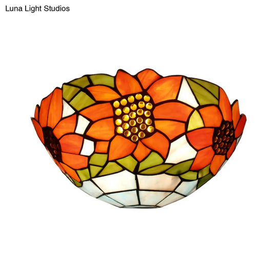 Rustic Tiffany Sunflower Wall Sconce With Stained Glass Bowl Shade