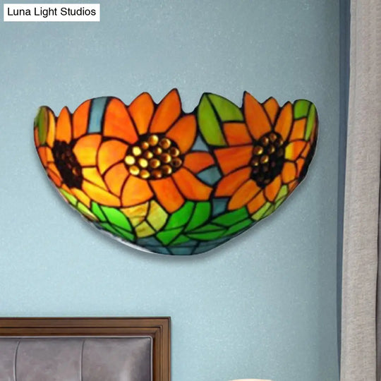 Rustic Tiffany Sunflower Wall Sconce With Stained Glass Bowl Shade