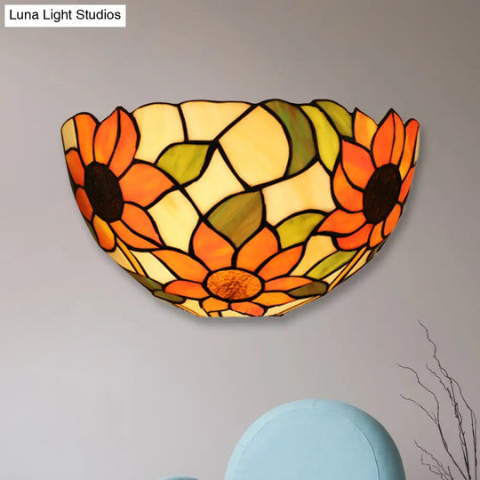 Rustic Tiffany Sunflower Wall Sconce With Stained Glass Bowl Shade