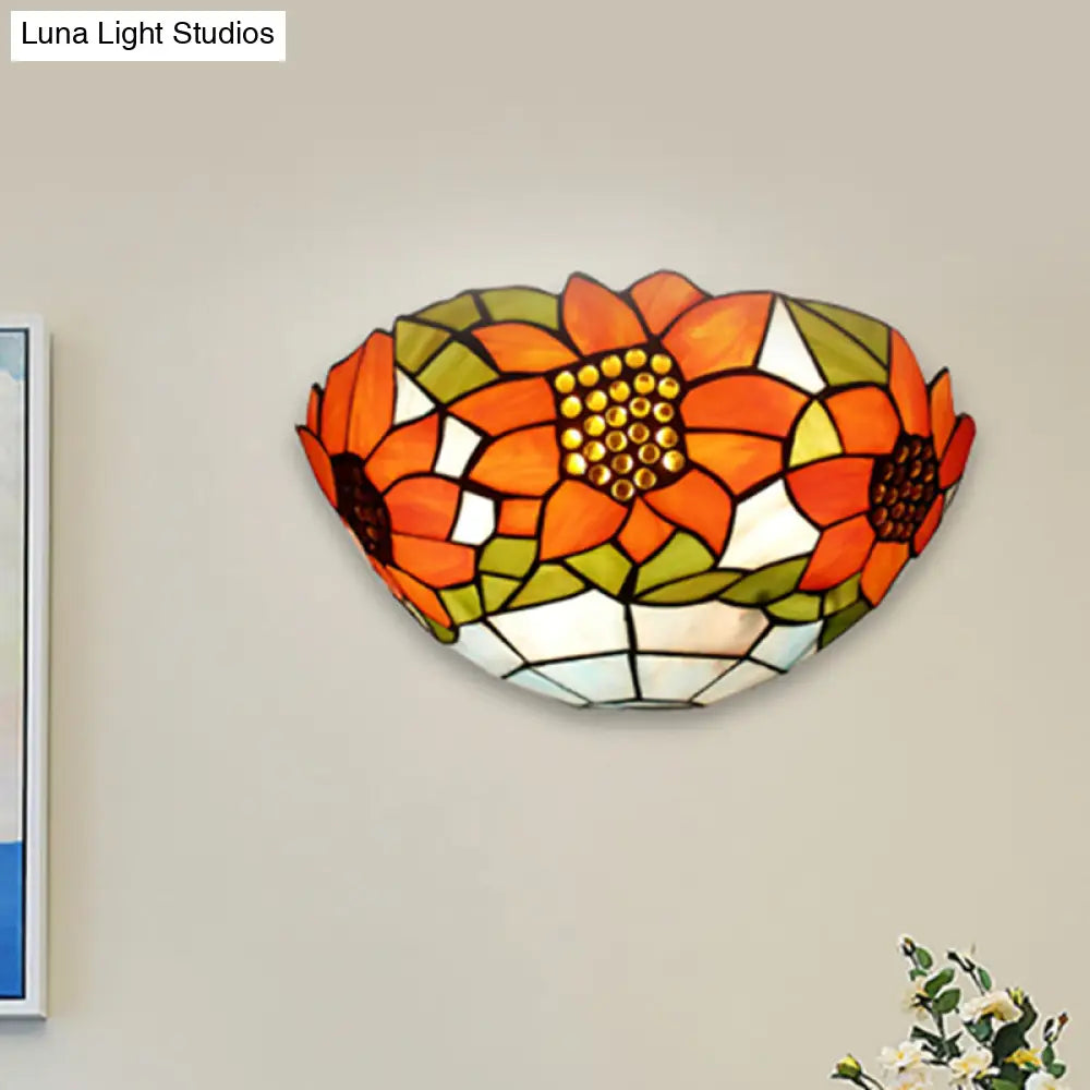 Rustic Tiffany Sunflower Wall Sconce With Stained Glass Bowl Shade