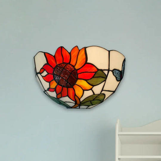 Rustic Tiffany Sunflower Wall Sconce With Stained Glass Bowl Shade White