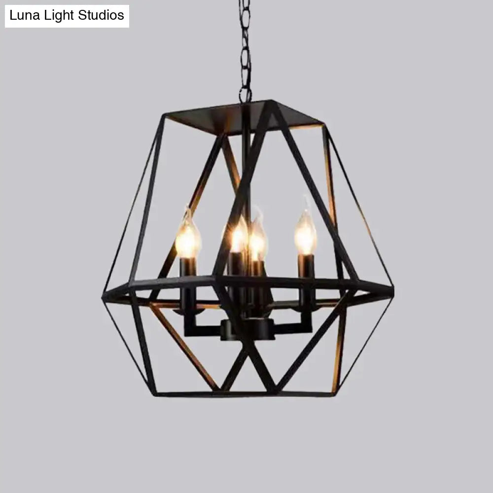 Rustic Trapezoid Cage Chandelier Pendant With 4 Bulb Black Iron Hanging Light