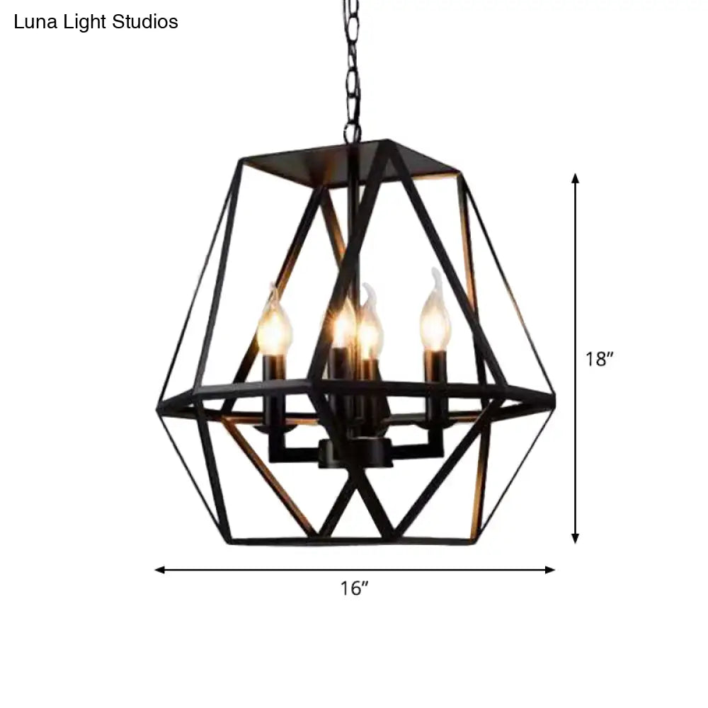 Rustic Trapezoid Cage Chandelier With 4 Black Iron Bulbs