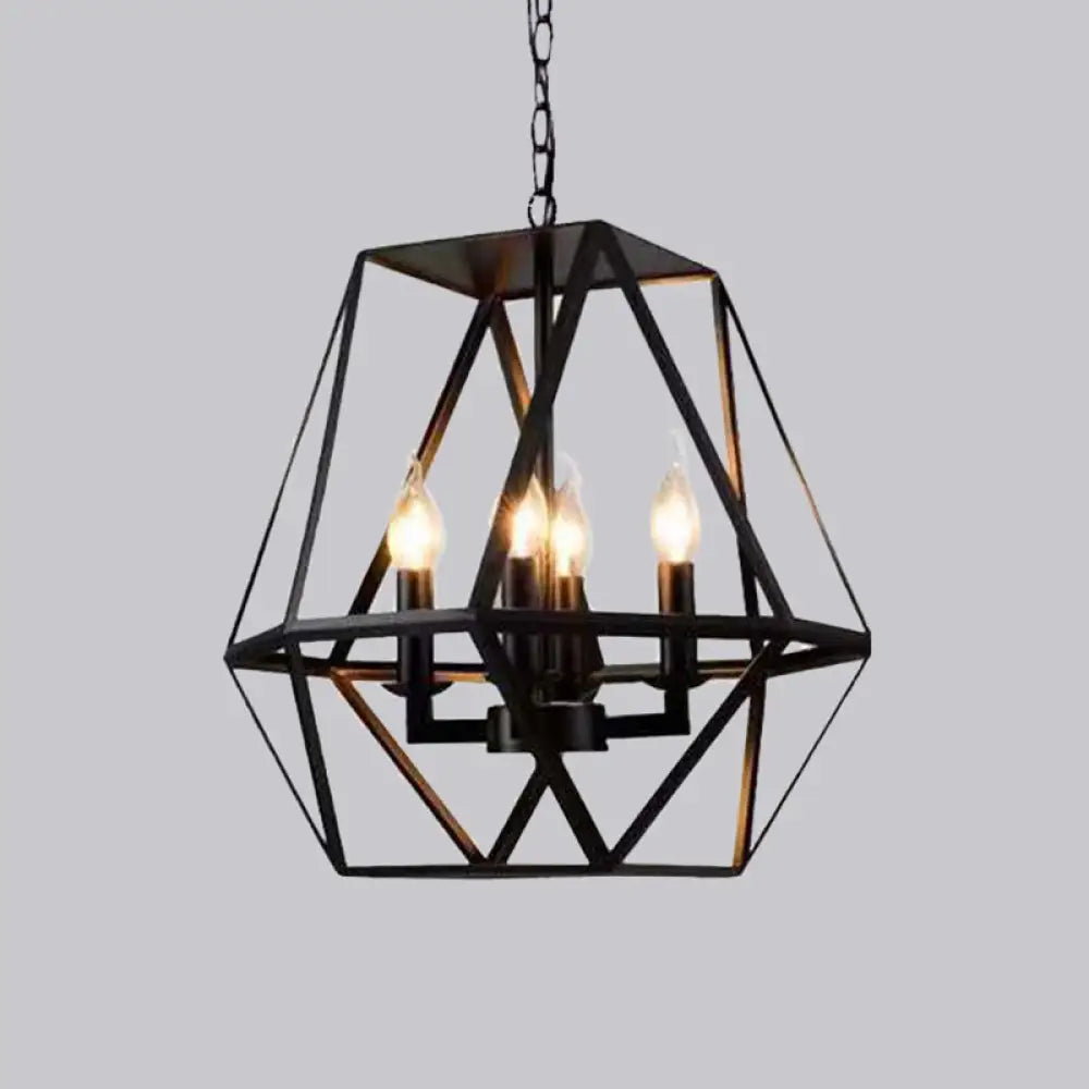 Rustic Trapezoid Cage Chandelier With 4 Black Iron Bulbs