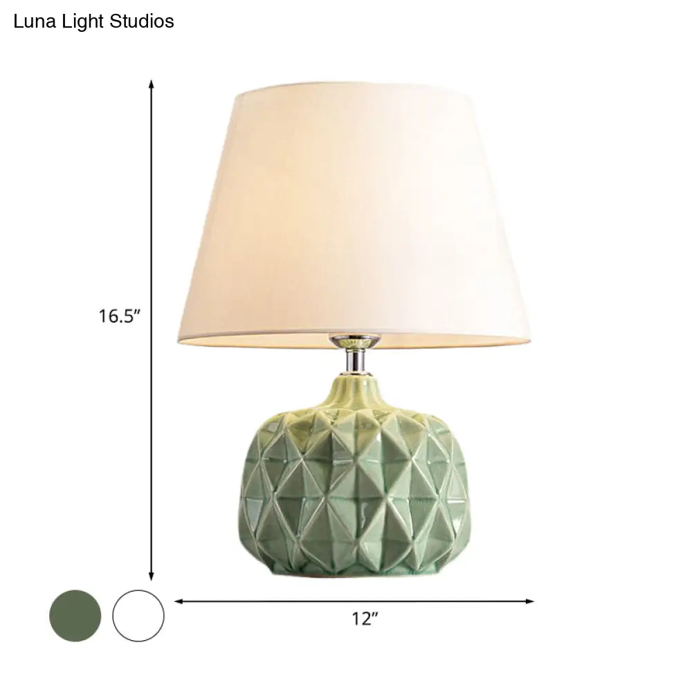 Rustic Trellis Ceramic Night Lamp: Green/White Bedside Table Light With Cone Shade