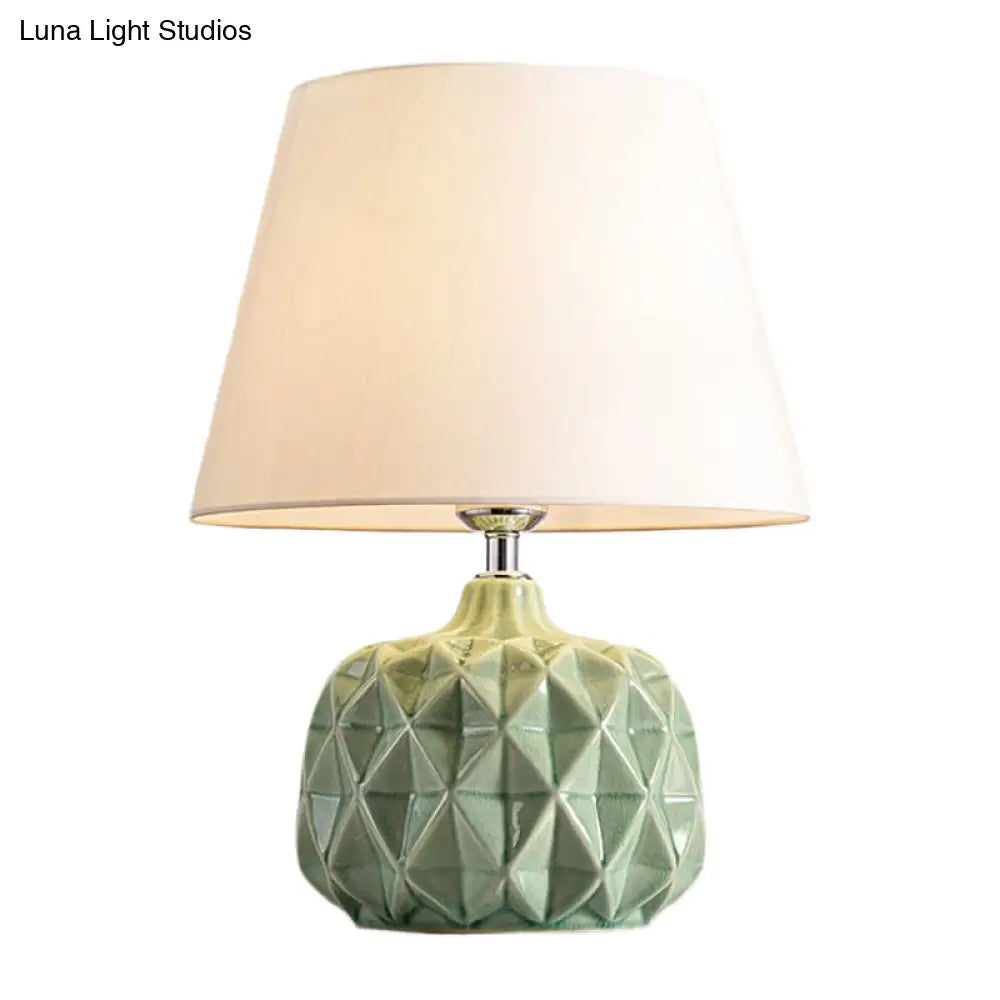 Rustic Trellis Ceramic Night Lamp: Green/White Bedside Table Light With Cone Shade