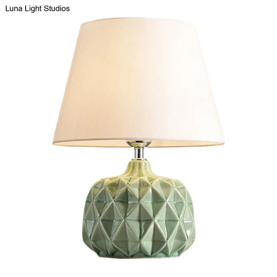 Rustic Trellis Ceramic Night Lamp: Green/White Bedside Table Light With Cone Shade