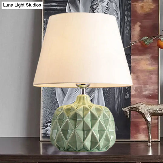 Rustic Trellis Ceramic Night Lamp: Green/White Bedside Table Light With Cone Shade