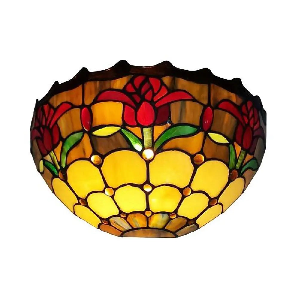 Rustic Tulip Stained Glass Wall Sconce Light For Foyer Décor Tan