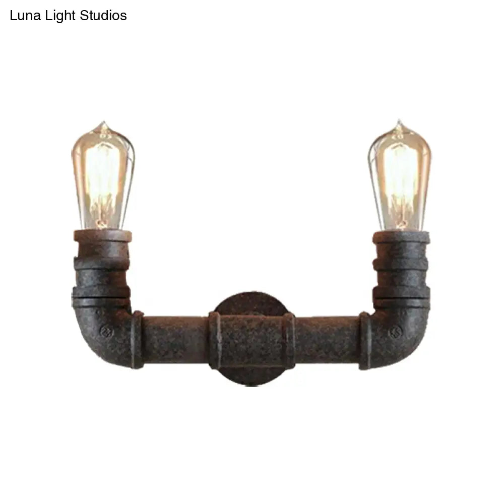 Rustic U-Shaped Wall Sconce Lighting With Wrought Iron Pipe - 2 Lights In Weathered Bronze