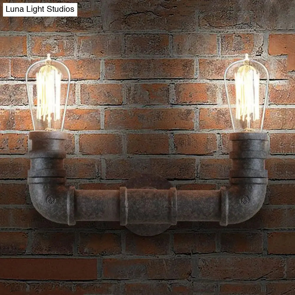 Rustic U-Shaped Wall Sconce Lighting With Wrought Iron Pipe - 2 Lights In Weathered Bronze