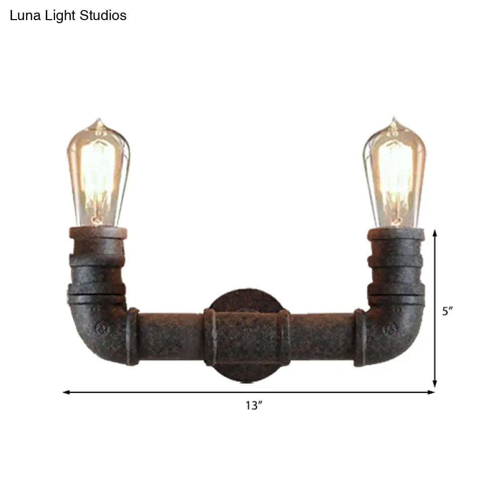 Rustic U-Shaped Wall Sconce Lighting With Wrought Iron Pipe - 2 Lights In Weathered Bronze