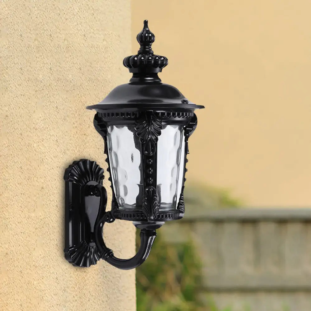 Rustic Urn Water Glass Wall Sconce - 1-Head Mount Lighting For Courtyard (Black) Black