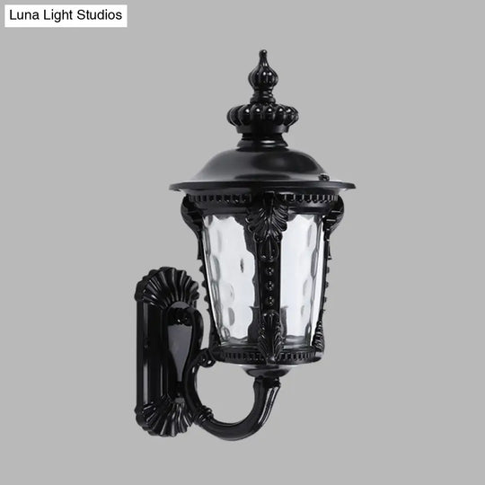 Rustic Urn Water Glass Wall Sconce - 1-Head Mount Lighting For Courtyard (Black)