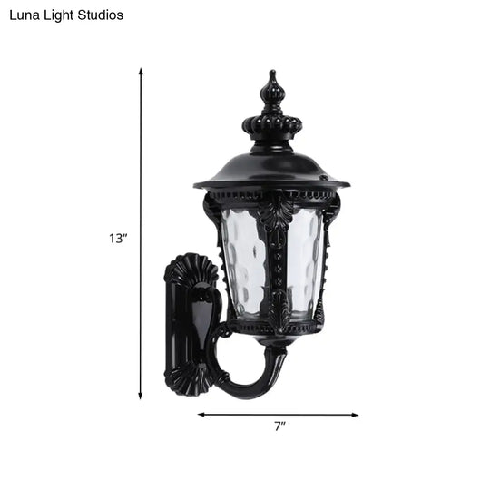 Rustic Urn Water Glass Wall Sconce - 1-Head Mount Lighting For Courtyard (Black)