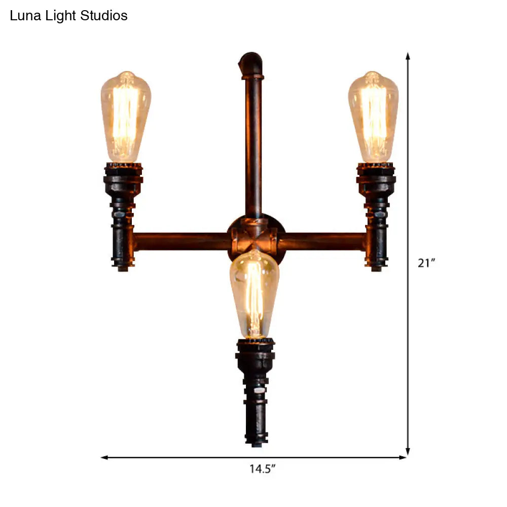 Rustic Vintage 3-Head Sconce Light: Bare Bulb Restaurant Wall Fixture With Plumbing Pipe Design