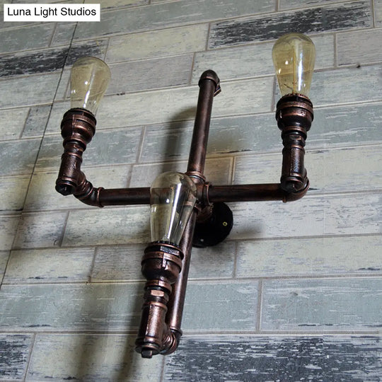 Rustic Vintage 3-Head Sconce Light: Bare Bulb Restaurant Wall Fixture With Plumbing Pipe Design